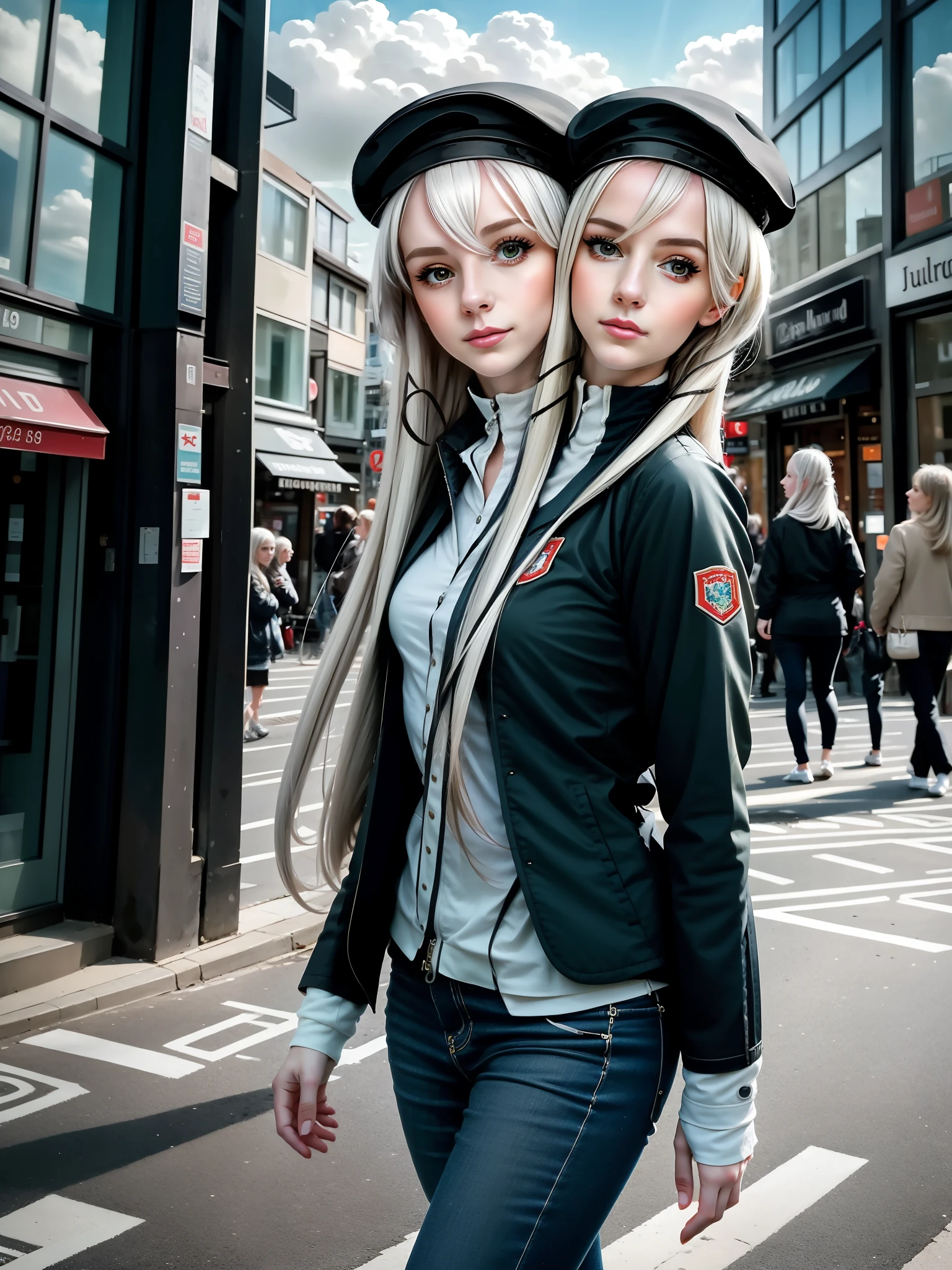 (2heads), best quality, (masterpiece:1.2), illustration, absurdres, (beautiful detailed girl), 1girl, solo,  long white hair, bangs, hair between eyes, (jacket),  capelet,   (beret),
expressionless, looking at viewer,Europe,  city, tall building, pedestrian, walking street, sky, clouds, day, upper body, portrait