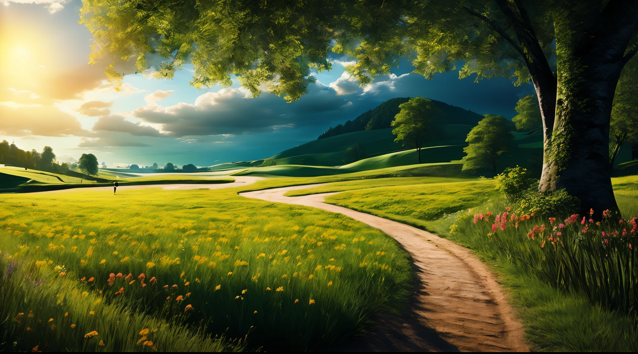 (Digital Painting), (Best Quality), Scenic View, Sorghum Field, (Sorghum: 1.5), Sunset, Sunset, Clouds, Blue Sky, Dust, Dusty, 8k Hyperrealism, Soft Color Scheme, Soft Lighting, Golden Hour, Peaceful Atmosphere, Landscape