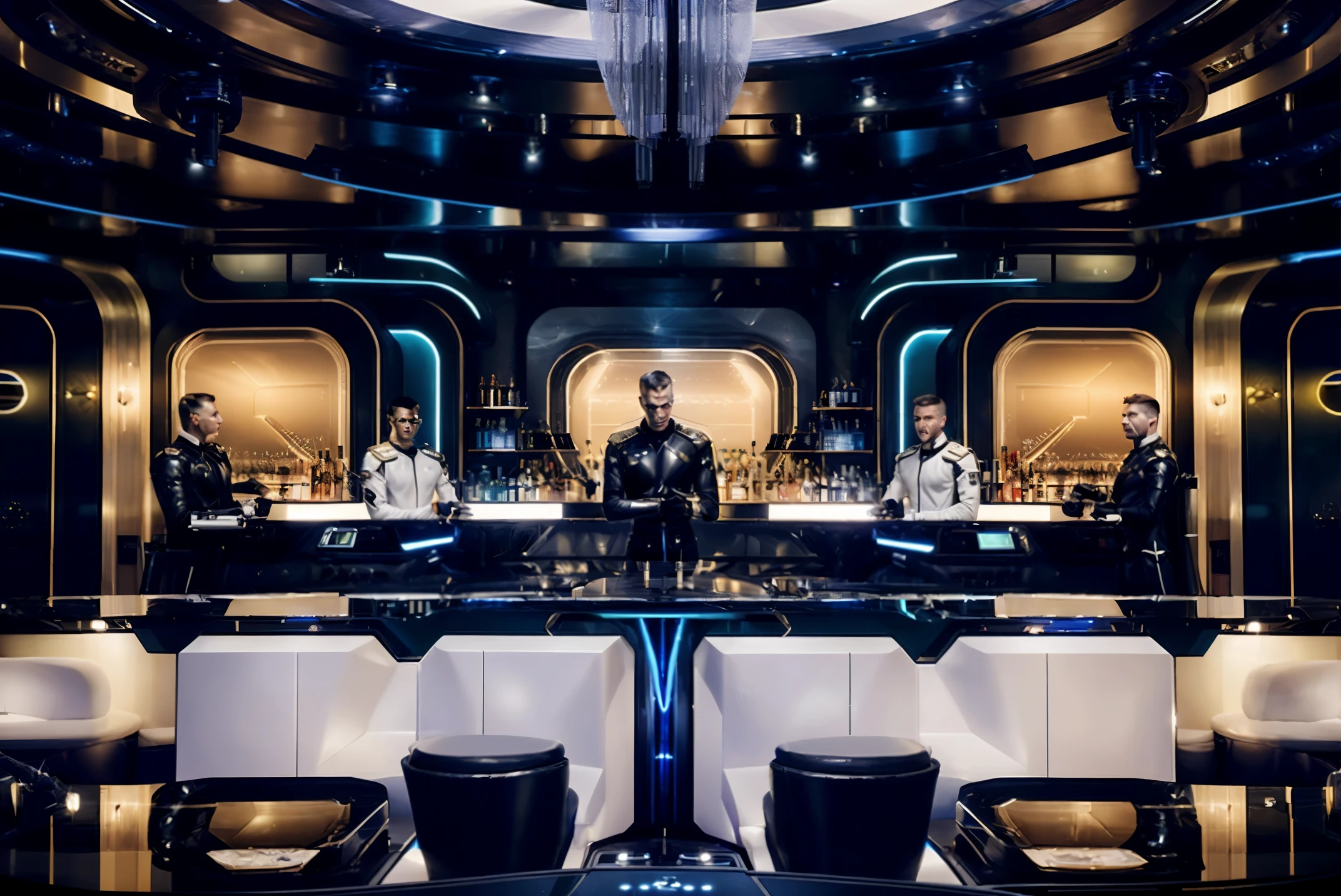5 futuristic naval officers in a futuristic scifi club house on a spaceship