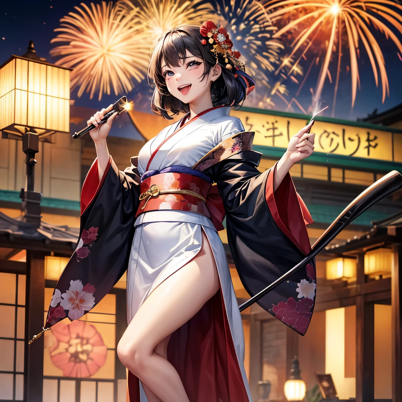 look at the camera,(((highest quality, 8K, masterpiece))), sharp focus, (beautiful woman with perfect figure), thin, (hairstyle: superior)), ((kimono: cane)), street: 1.2 非常に詳細な顔と肌の質感 詳細な目 double eyelid ランダムな姿勢, (smile),ssuperiorer cute Japan person,ssuperiorer beauty Japanese girl, realistic face, double eyelid,smile,Summer festival , At sunset , beautiful teeth , fireworks background.