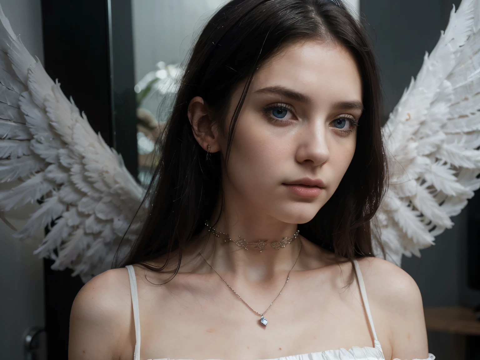 (best quality,4k,highres),ultra-detailed,realistic,photorealistic,portrait,aesthetic girl grunge style,beautiful,detailed face and features,pale skin,long black hair,blue eyes with intricate details and reflection,subtle makeup with emphasis on eyes,sad facial expression,white dress with angel wings,choker necklace,dreamy atmosphere,soft lighting,subtle color palette,ethereal and mysterious aesthetics, not looking directly