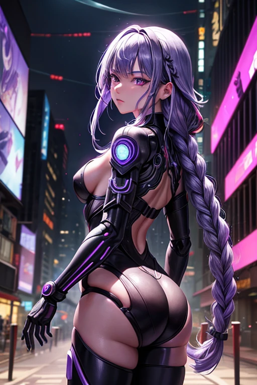 (Raiden shogun_genshin) purple long hair woman,purple eyes,Braid a single large strand.,Cyborg body,bodyai,half robot,Cyberpunk,Cyber city background,city lights,blurred background,focus page