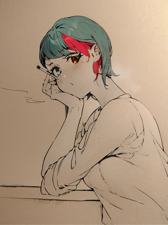 Draw a picture of a girl wearing a blue sweater sitting and smoking，A high-quality anime picture，Girl smoking while leaning on the table，orange eyes，blush，shy，Color map，exquisite eyes