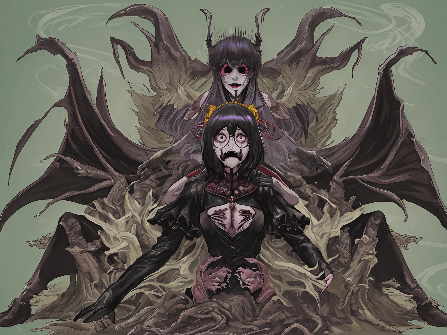 Three headed lust naked with DDDD fake boobs as an arachne with three heads and six legs