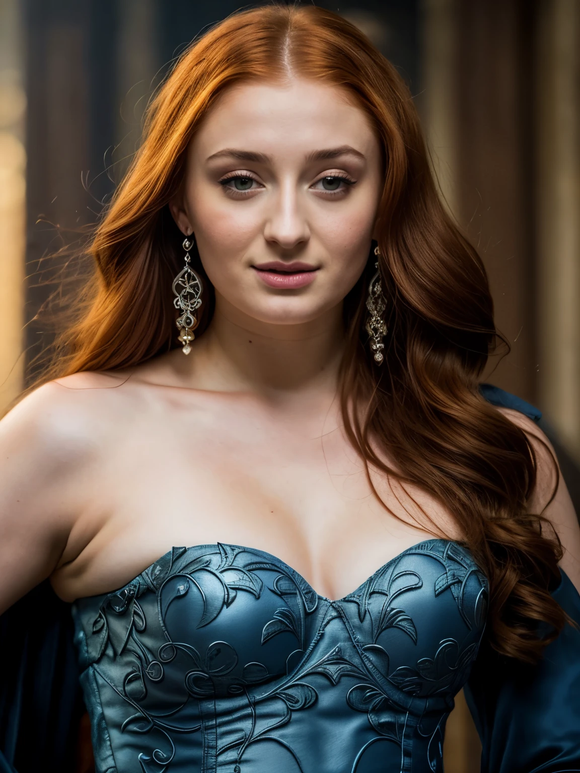 Foto RAW, Sansa Stark PLAYED BY SOPHIE TURNER Ned and Cat's oldest daughter. Demure and ladylike, her dream to marry Prince Joffrey. Her direwolf named Lady , Game of Thrones Series, (pele altamente detalhada: 1.2), 8k UHD, DSLR, soft-lighting, alta qualidade, grain of film, Fujifilm XT3
