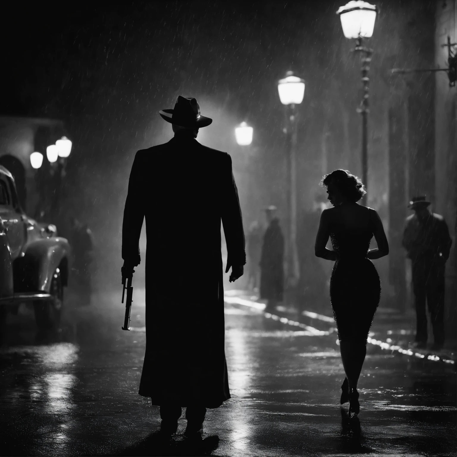 calle de noche, (Film Noir style), (acabado realista),A man stands in the middle of the street and holds a gun, it's raining, a women dancing to man