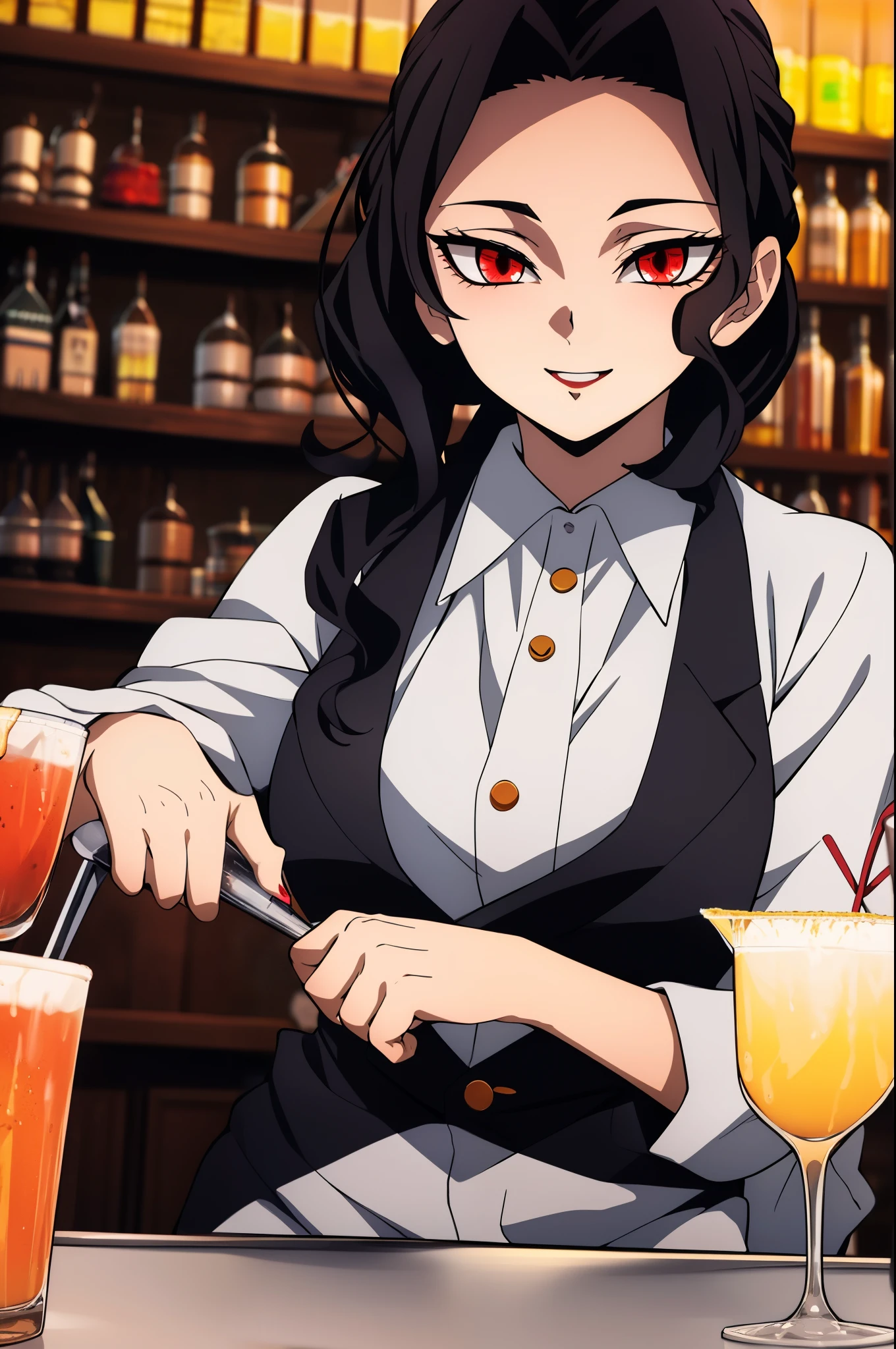 masterpiece, highest quality, ultra high resolution, highest quality, anime style, best writing, beautiful face, 1 female, black hair, beautiful makeup, black suit, red eyes, Cat pupil, best smile, upper body, turn your body to the left, Bartending style, bar counter, bartender suit, Shaker, Making cocktails