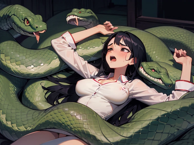 nsfw, girl lays on a bed, 1girl, solo, breasts, ,black hair, long hair ,((lying on back)), (pajamas:1.0), white pajamas, (surrounded by snakes), lying, on back, arms up, both arms restrained, (large breasts), (Background: Bedroom with tatami mats), on the bed sheet, flustered face, surprised face, confused, scared, panicking, (upset:1.0), open mouth, sweat, (snakes 1.5), (anaconda), (big snake), (coiled snake), (snake tail),pretty girl, (looking up:1.0), night, steam, best quality,detailed,high resolution,
