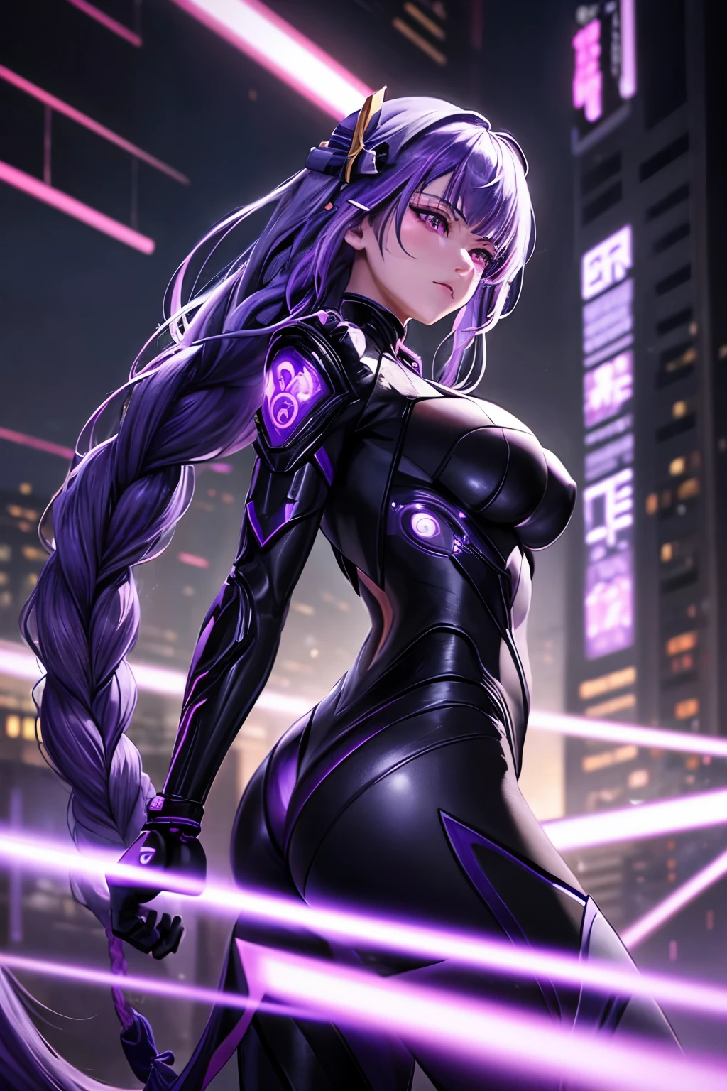 (Raiden shogun_genshin) purple long hair woman,glowing purple eyes,Braid a single large strand.,Cyborg suit,bodyai,half robot,Cyberpunk,Cyber city background,city lights,blurred background,focus page,