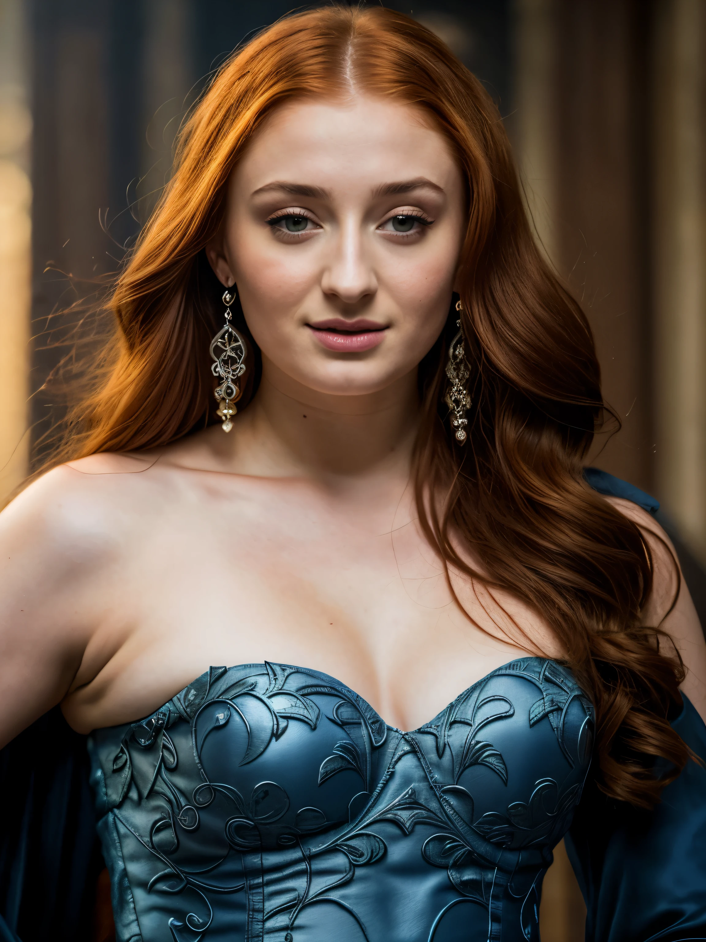 Foto RAW, Sansa Stark PLAYED BY SOPHIE TURNER Ned and Cat's oldest daughter. Demure and ladylike, her dream to marry Prince Joffrey. Her direwolf named Lady , Game of Thrones Series, (pele altamente detalhada: 1.2), 8k UHD, DSLR, soft-lighting, alta qualidade, grain of film, Fujifilm XT3