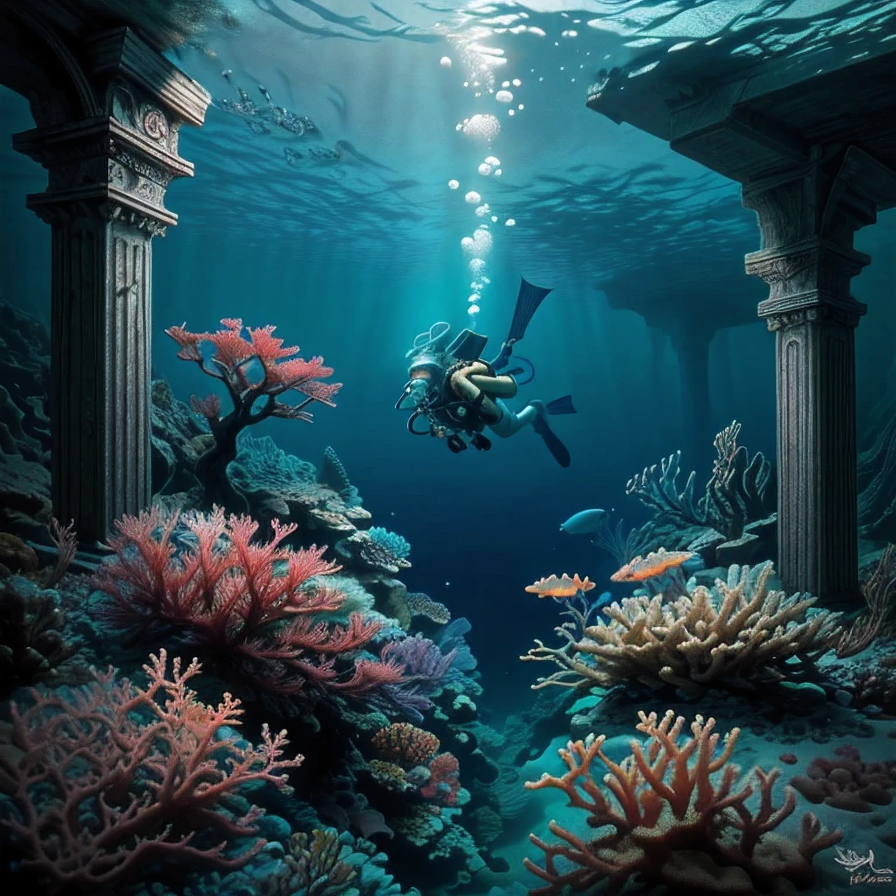 high quality,4k,8k,high resolution,masterpiece:1.2,ultra-detailed,realistic:1.37,underwater,ruins, bare naked girl, exploring, bioluminescent, horn,  submerged world, ethereal, mysterious ambiance, ancient, scene, water, adventure, scuba diving, diving gear, treasure, coral reef, unexplored, hidden, glowing, historical, precious artifacts, sunken, ruined architecture, deep sea, beautiful, dark blue, illuminating, enchanted, discovery, serene, embrace, secrets, exploration, luminous, diving suit, seaweed, fish, sparkling water, dazzling colors, silent, wonder, deep dive, unearth, ancestral, guide, unveiling.