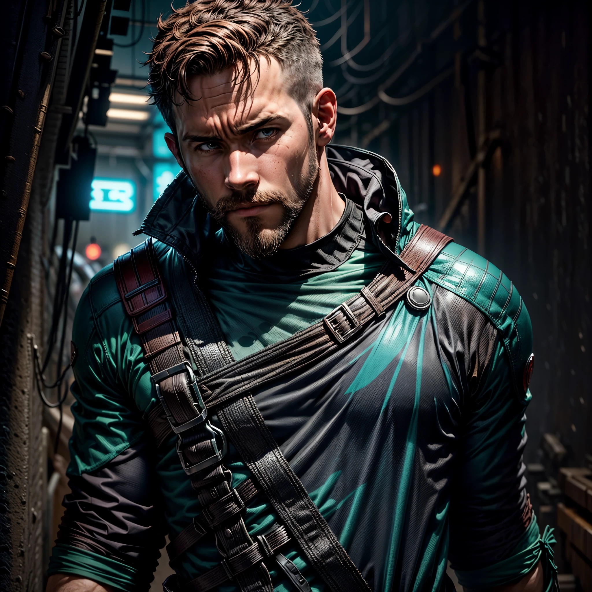 Actor "Ryan Reynolds" con bigote y barba, Haciendo cosplay de "Linterna Verde" from DC without the mask and just the suit, Solo, headshot foto de perfil, foto de perfil, Mirando directamente al espectador, Imagen de muy alta calidad, iluminado desde un lado, Foto tomada a principios de 2020, Solo mostrando la cabeza, Estilo anime cyberpunk, Se muestra una playa de fondo, With the skin of a 25 year old young man.