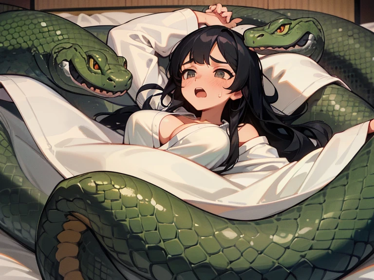 girl lays on a bed, 1girl, solo, breasts, ,black hair, long hair ,((lying on back)), (pajamas:1.0), white pajamas, (open clothes), (surrounded by snakes), lying, on back, arms up, (snake wrapped around arms), (large breasts), (Background: Bedroom with tatami mats), on the bed sheet, flustered face, surprised face, confused, scared, panicking, (upset:1.0), open mouth, sweat, (snakes 1.5), (anaconda), (big snake), (coiled snake), (snake tail),pretty girl, (looking up:1.0), night, steam, best quality,detailed,high resolution,
