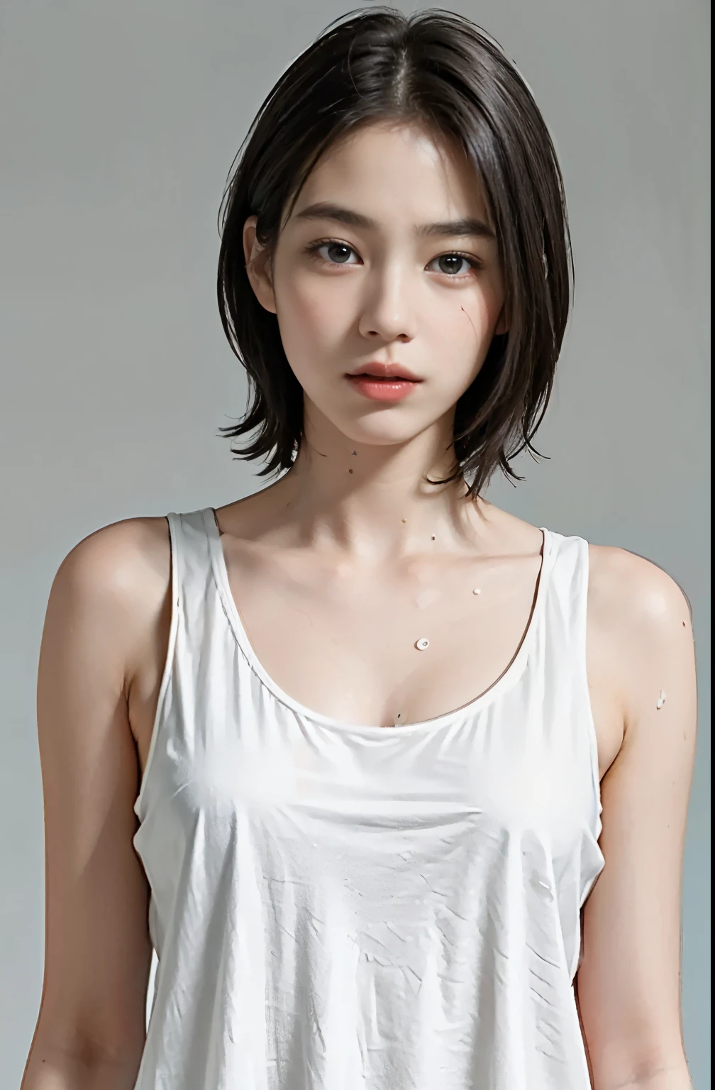(Ultra Real), (figure), (High resolution), (8K), (very detailed), (Best figure), (beautiful and fine eyes), (highest quality), (Super detailed), (masterpiece), (wallpaper), (detailed face), droopy eyes, sweaty, upper body up, armpit, short hair, inner color, alone, Simple White Tank Top Girl,