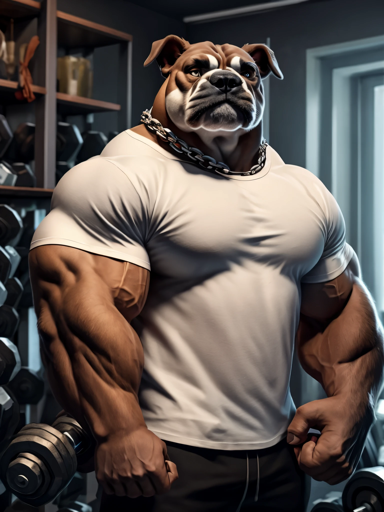  One tall bulldog with big muscular body with white T-shirt and a chain on his neck and a dumbbell in his right hand 