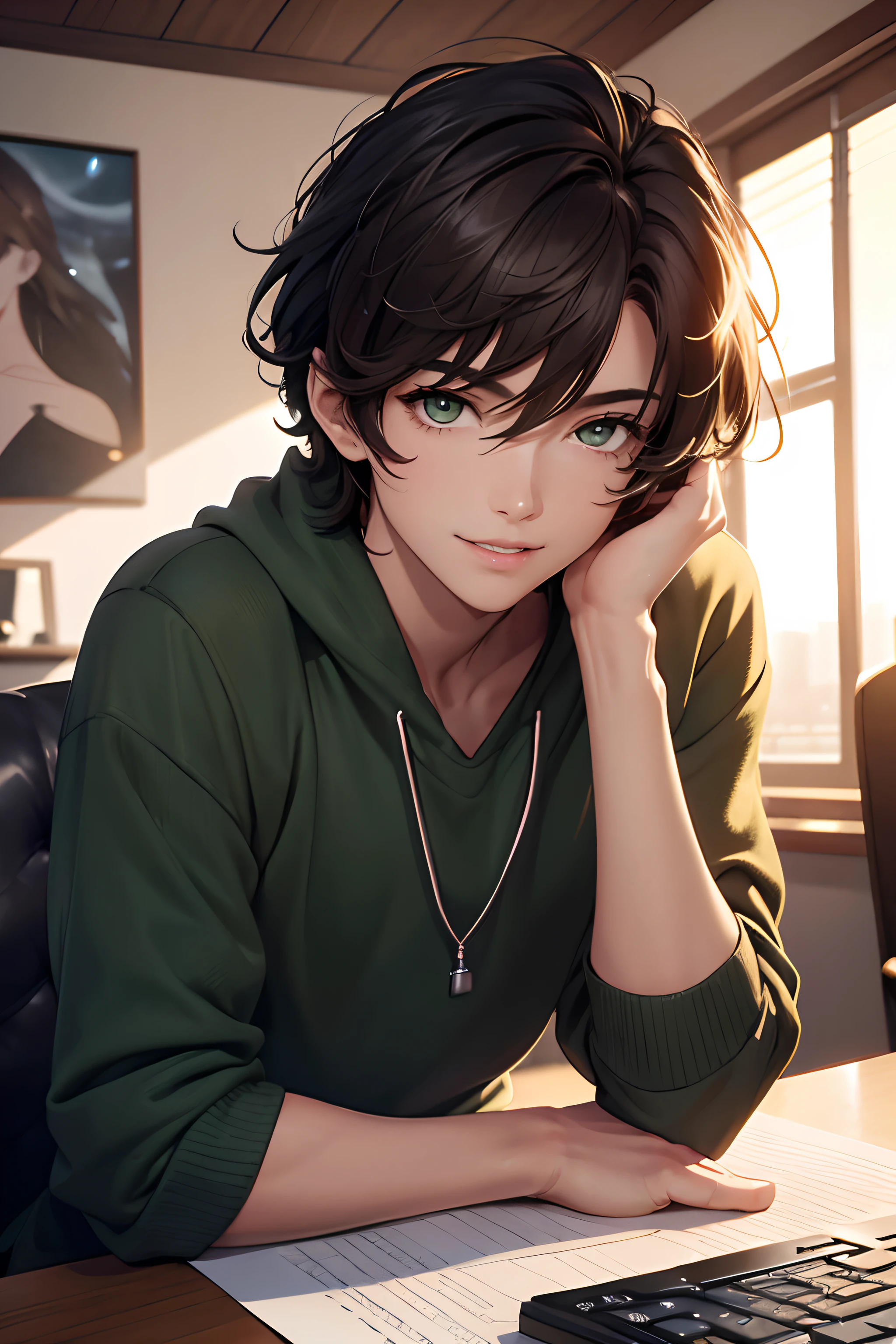 (extremely details CG, Unity, 8K Wallpapers), (extremely delicate and beautiful), (​masterpiece), (top-quality:1.0), (超A high resolution:1.0), beautiful lighting, perfect lightning bolt, realistic shadow, [hight resolution], Detailed skin, ultra-detailliert, detailed faces and eyes, Realistic eyes, Sharp pupils, 1Male, Sitting in front of computer, Home, beauitful face, blurry backround, 20-year-old beautiful boy, shinny skin, Beautiful dark-brown hair, Green-hazel eyes, Curve, Smile with open mouth,