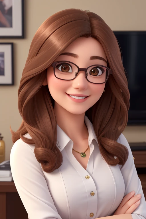(highest quality,High resolution,super detailed,realistic:1.2),portrait,tv commentator,30 years old (brown haired:1.1) Women with long hair,round face, cute smile, (茶色のeye:1.1) eye, wearing glasses, look at the camera.