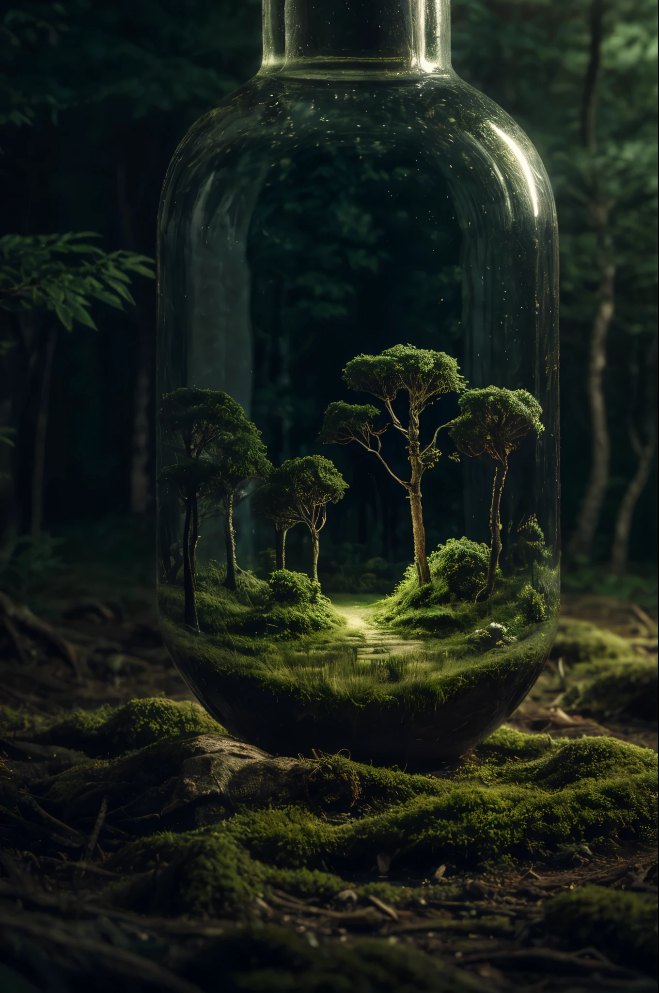 (An intricate forest minitown landscape trapped in a bottle), atmospheric oliva lighting, on the table, 4k UHD, dark vibes, hyper detailed, vibrant colours forest background, epic composition, octane render, sharp focus, high resolution isometric, bubblerealm