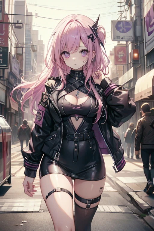 A pink haired woman with violet eyes is wearing a bra and underwear and an hourglass figure underneath a leather jacket. 