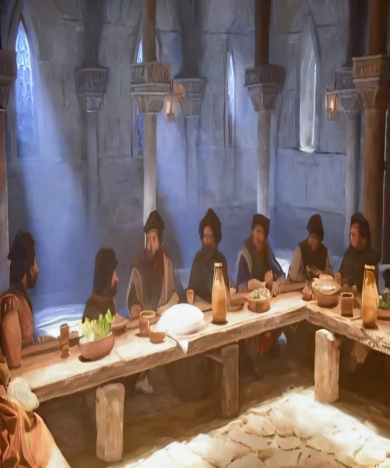 mesa arafada com pessoas sentadas ao redor com comida em cima, called 'the lComot ceia', the lComot ceia, lComot ceia, figuras vestidas sentadas ao redor de uma mesa, lComot ceia composition, dnd lComot ceia, !!posando_Como_lComot_ceia, the lComot ceia painting, medieval feComot, fim ainda, cena ambientada em uma igreja, no set