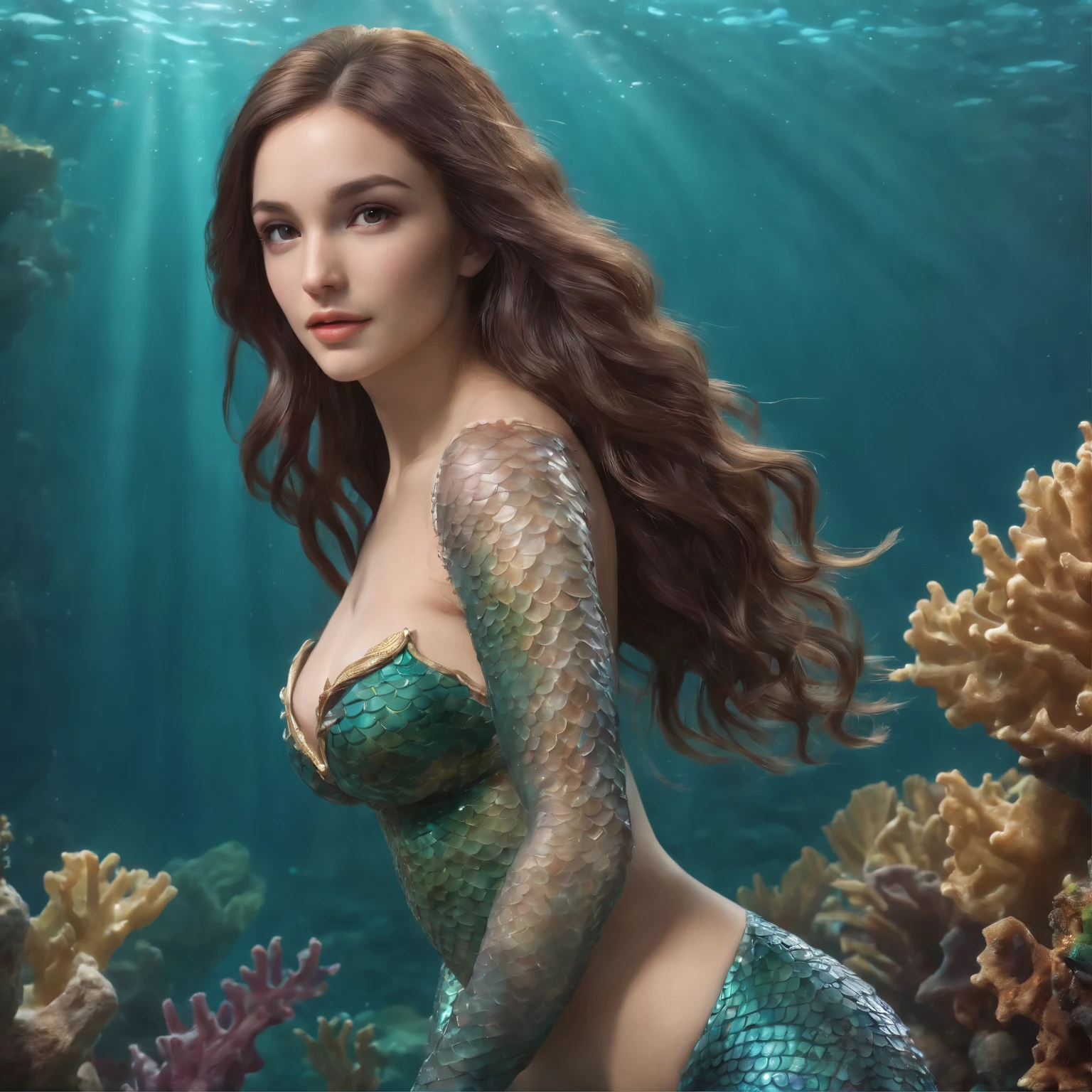 (professional 3d render:1.3) ((full body of a mermaid swimming)) (Realistic:1.3) most beautiful artwork photo in the world,(((brown hair))), ((detailed brown eyes)), brunette, Mediterranean face, beautiful face, Caucasian, ((long mermaid tail)), (((detailed mermaid fins))), full body, movement, Features soft and shiny, ((Epic mermaid fantasy long hair in dynamic pose,full tail, Fantastic location, Majestic cluttered environment)), full body 8k unity render, action shot, skin pore, heavyshading, Detailed, Detailed face, (vibrant, photograph realistic, Realistic, Dramatic, Dark, Sharp focus, 8K), (fish scales:1.4), ((((mermaid tail)))), (Intricate:1.4), decadent, (Highly detailed:1.4), Digital painting, rendering by octane, art stations, concept-art, smooth, Sharp focus, illustration, Art germ, (loish:0.23), (Global illumination, Studio light, volumettic light), underwater, ocean, lotr, fantasy, mermaid, ((ocean background:1.3)),((sea life:1.3)),((corals:1.3)),CGSesociety,art stations, naked breasts, bare naked breasts, shiny nipples, underwater nipples