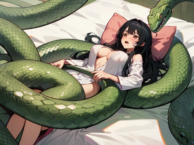 girl lays on a bed, 1girl, solo, breasts, ,black hair, long hair ,((lying on back)), (pajamas:1.0), white pajamas, (open clothes:1.0), exposed breasts, (surrounded by snakes), (Snakes entangled with girls), lying, on back, (large breasts), (Background: Bedroom with tatami mats), on the bed sheet, flustered face, surprised face, confused, scared, panicking, (upset:1.0), open mouth, sweat, (snakes 1.5), (anaconda), (big snake), (coiled snake), (snake tail),pretty girl, (looking up:1.0), night, steam, best quality,detailed,high resolution,
