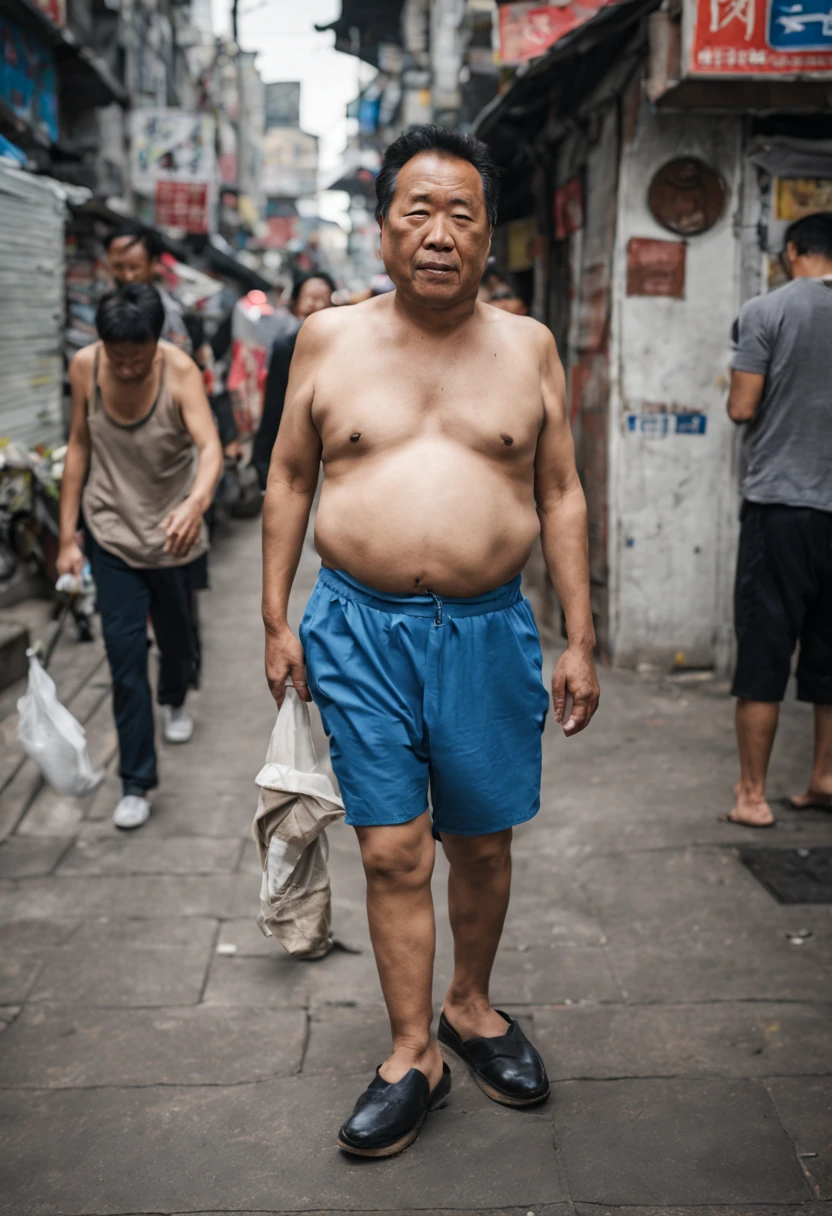 Middle-aged man exposing his stomach on the streets of China.