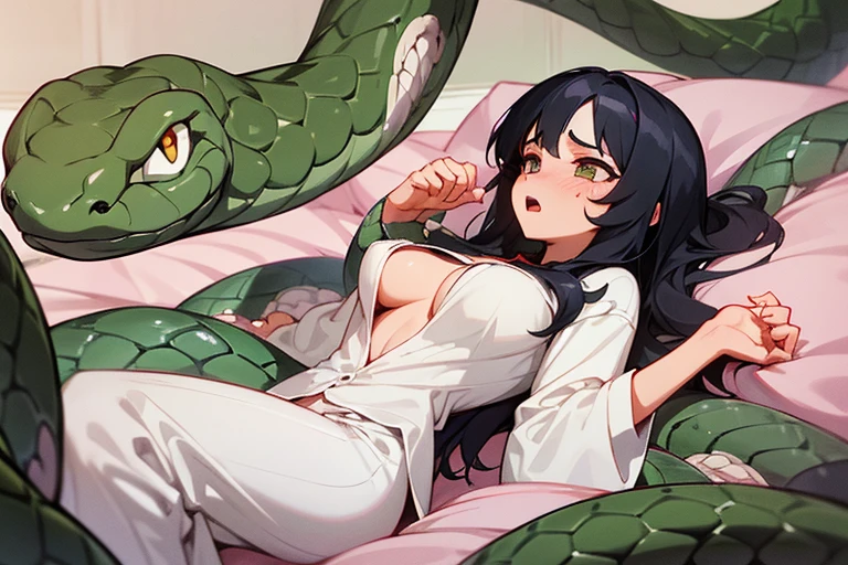 girl lays on a bed, 1girl, solo, breasts, ,black hair, long hair ,((lying on back)), (pajamas:1.0), white pajamas, (open clothes:1.0), exposed breasts, (surrounded by snakes), (Snakes entangled with girls), lying, on back, (large breasts), (Background: Bedroom with tatami mats), on the bed sheet, flustered face, surprised face, confused, scared, panicking, (upset:1.0), open mouth, sweat, (snakes 1.5), (anaconda), (big snake), (coiled snake), (snake tail),pretty girl, (looking up:1.0), night, steam, best quality,detailed,high resolution,