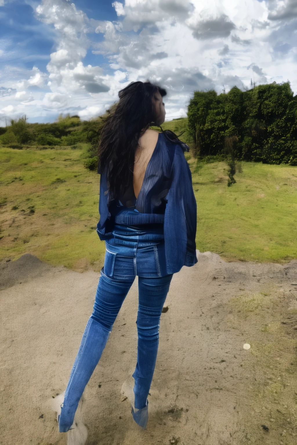 Thai Woman, look at viewer, long hair, shirt, jeans, cloud, day, sky,outdoors, post-apocalypse, ruins, scenery, tree, water,