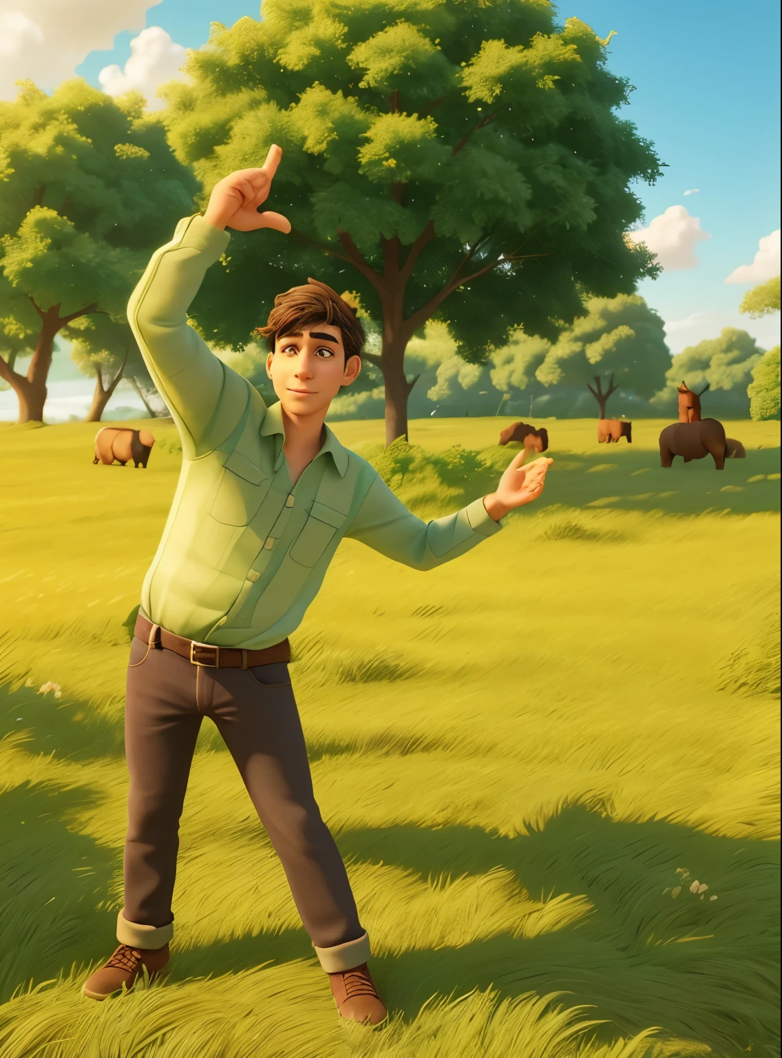 there's a man standing in a field with his arms out, t pose, 2 0 2 2 foto, photoshoot, standing triumphant and proud, by Bernie D'Andrea, fazendo uma pose majestosa, beautiful scenery, pose divertida, foto de 2022, por Milton Menasco, horse is on its hind legs, tirada no iphone 14 pro
