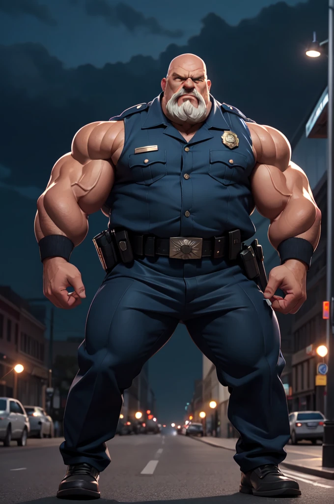 A huge muscular old man, muscular arms, muscular legs, tall and imposing stature, wearing a police uniform, with a stern and intimidating expression on his face. Detailed facial features, including a strong jawline, thick eyebrows, and a clean-shaven head. The police uniform is crisp and well-fitted, with a metal badge and shiny buttons. The scene is set in a bustling city street, with the old man standing tall and commanding respect. The lighting is dramatic, casting bold shadows and highlighting the contours of his muscles. The color tone is dark and moody, enhancing the serious and authoritative atmosphere. The image quality is of the best quality, with high resolution and ultra-detailed features. The overall style is realistic and professional, capturing the essence of a strong and dedicated police officer.
