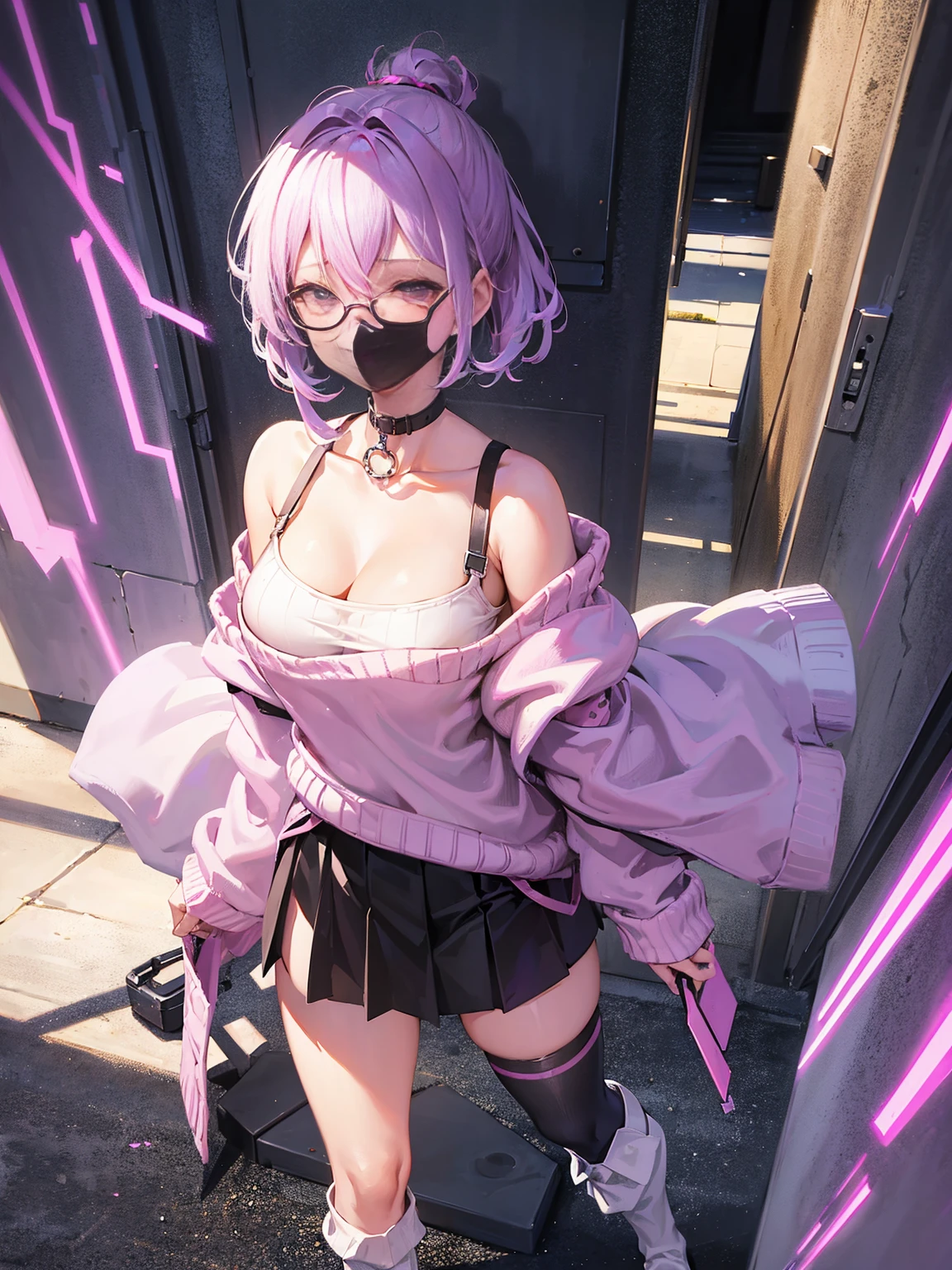 light purple hair,short hair,side ponytail,light purple eyes,pink glasses frame,Chestless sweater,hip-covering skirt,White gloves,Stack socks,Face mask,leg rings,collar,(1 girl, alone, from the front)