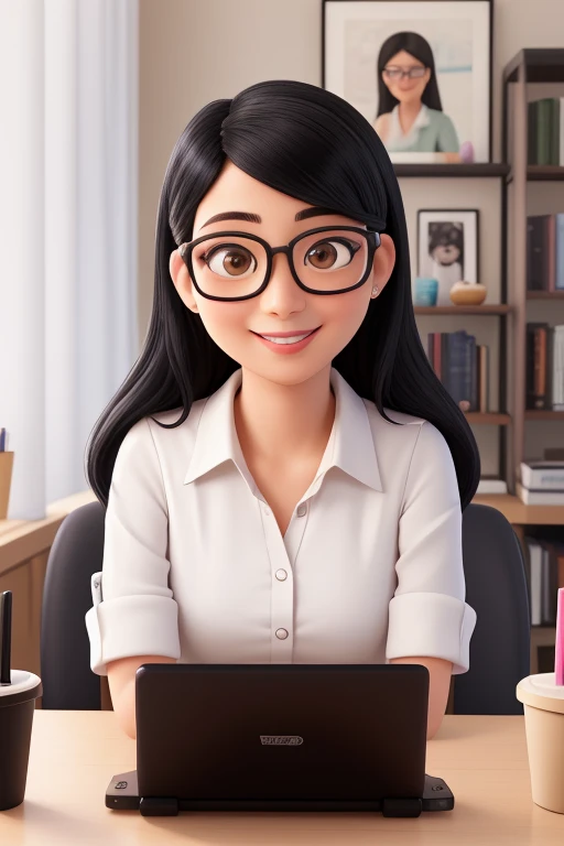 (highest quality,super detailed,realistic:1.37)oil、black hair、shortcut、round face、Wear glasses、30 years old、smile、mom with two kids、Highly curious、I love talking to people.。Laptop and white coffee cup on desk、Bookshelf in background。soft lighting。