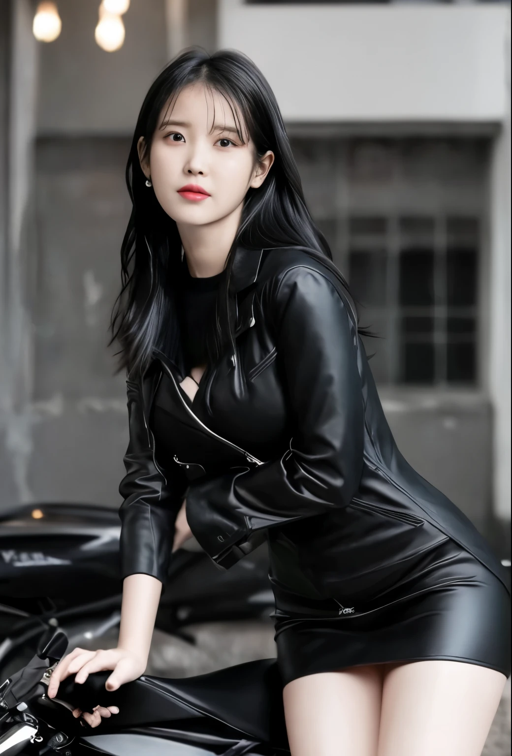 araffe woman in black tight leather dress sitting on a motorcycle, korean women's fashion model, korean girl, leather seductive clothes, by Yang J, dressed in biker tiny leather, she wears leather long jacket, leather tight clothing, leather, black leather slim clothes, beautiful south korean woman, wearing leather jacket, dressed in short leather jacket, korean woman, gorgeous young korean woman