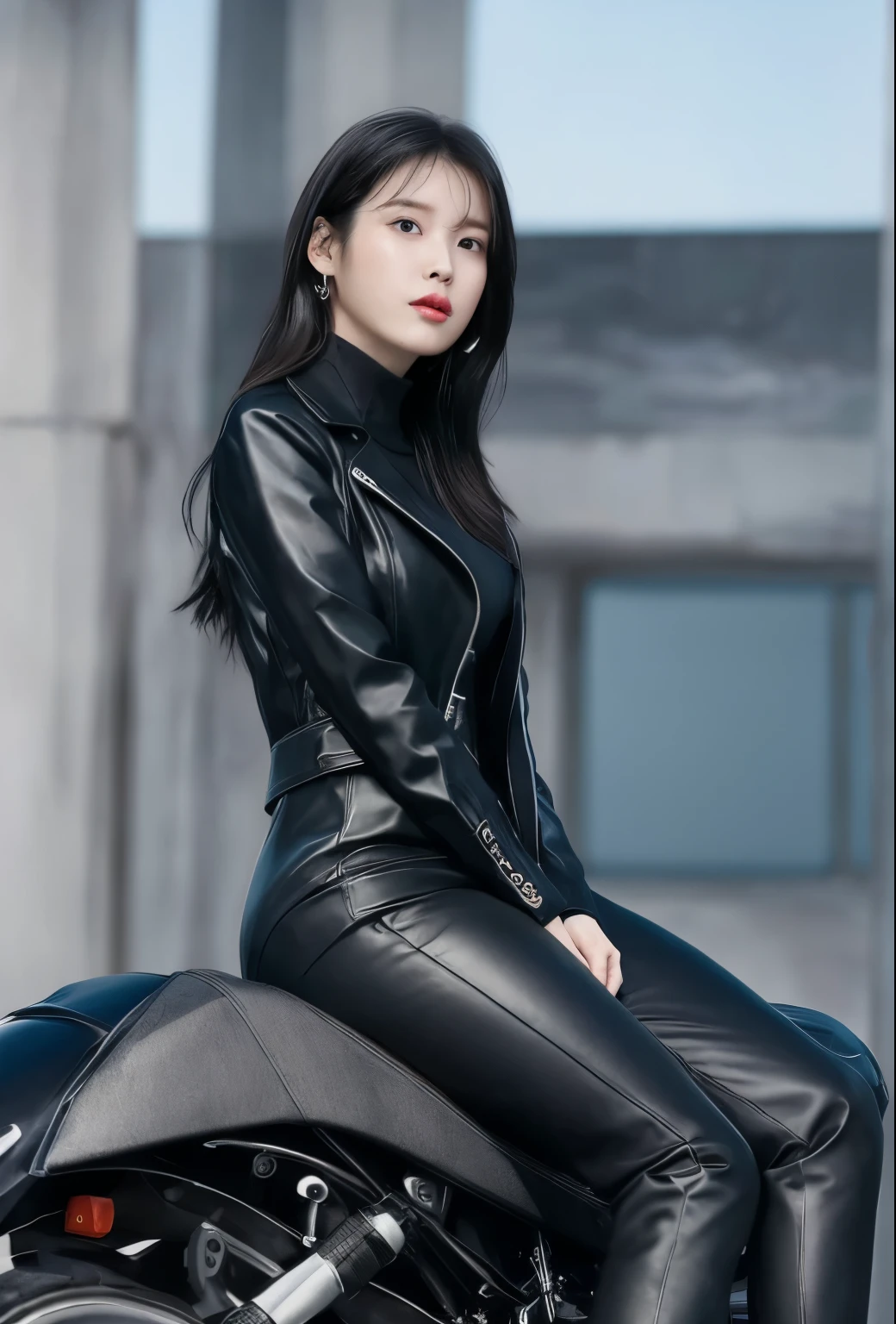 araffe woman in black tight leather dress sitting on a motorcycle, korean women's fashion model, korean girl, leather seductive clothes, by Yang J, dressed in biker tiny leather, she wears leather long jacket, leather tight clothing, leather, black leather slim clothes, beautiful south korean woman, wearing leather jacket, dressed in short leather jacket, korean woman, gorgeous young korean woman