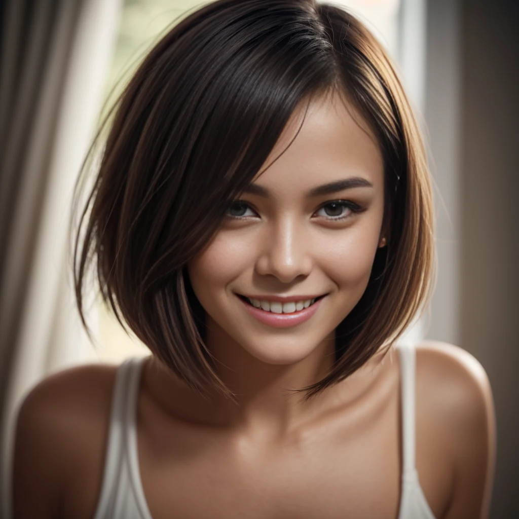 portrait photo, upper body, close-up of face, bob_cut hair, smiling seductively, (skin texture:1.1), (high detail face:1.1),high detail body, high detail clothes, (masterpiece), (realistic), ultra high definition, 4k, ultra high resolution, film grain, cinematic lighting, rim lighting, RAW image
