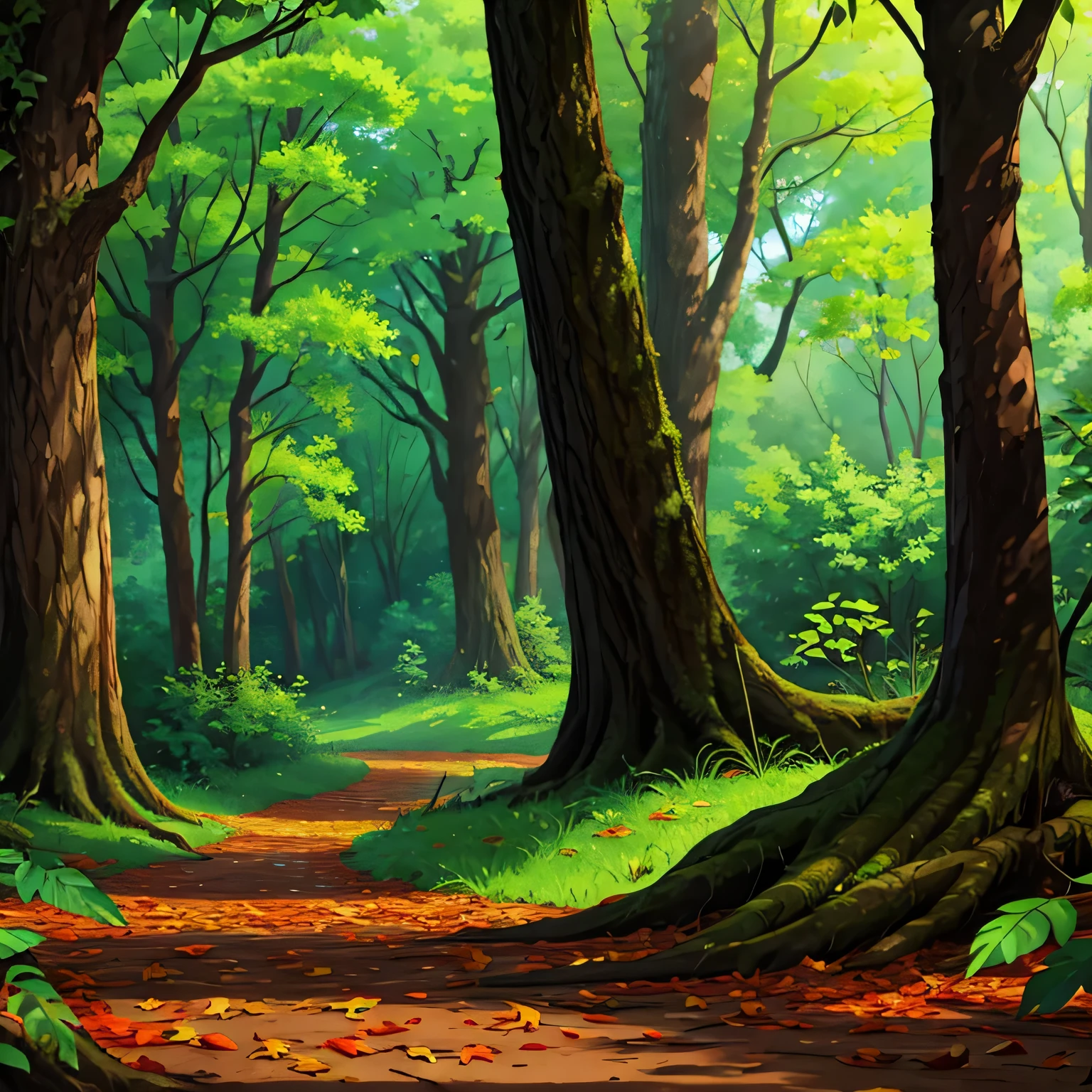 new leaves growing on a tree, with other leaves fallen on the ground on a forest background in cartoon style