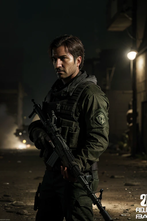 personaje del juego call of duty modern warfare 3, mirando la camara con un fusil de asalto, (intenso) (heroico) (varonil) (pelicula de accion)