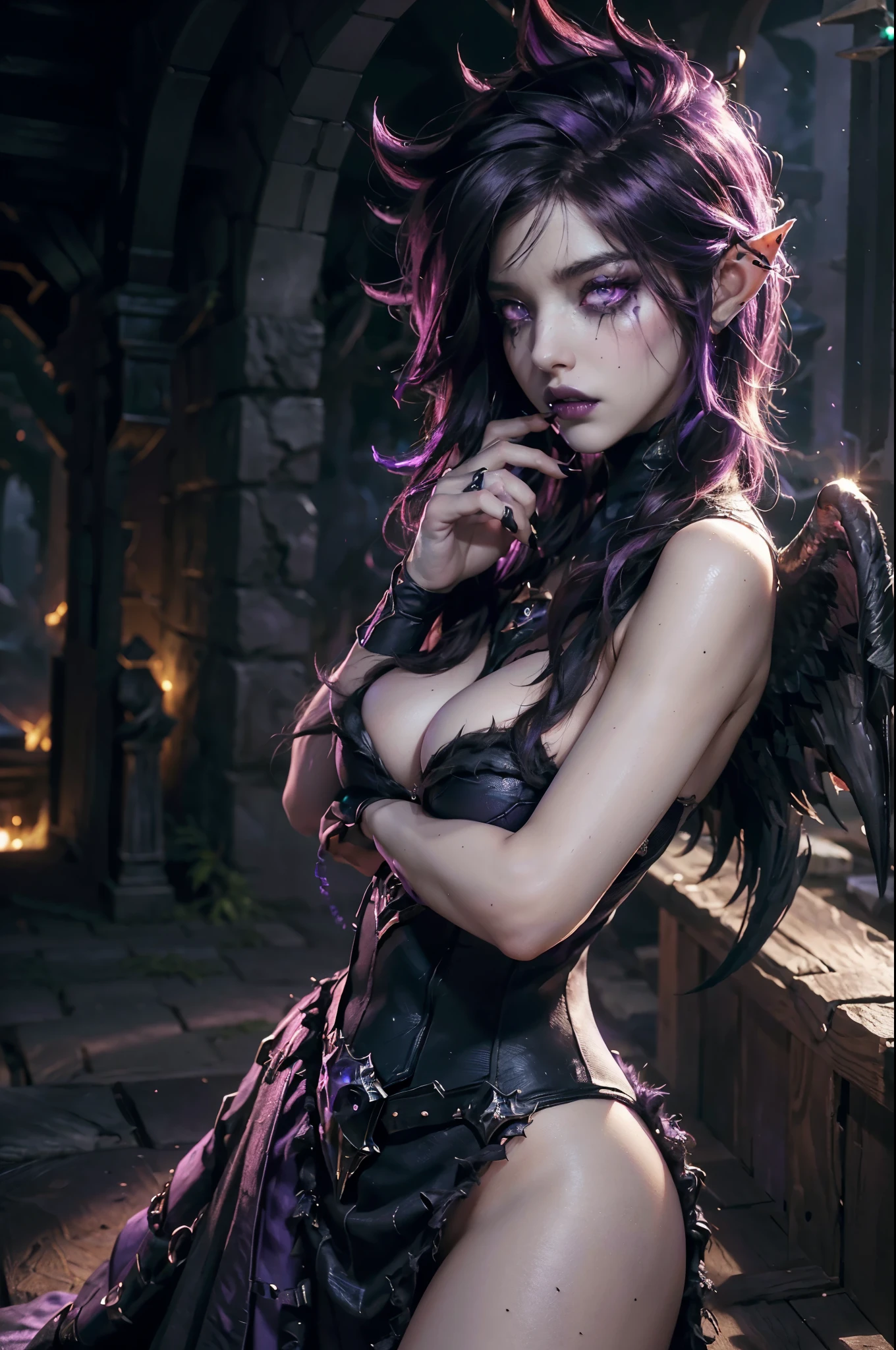 (1girl), (solo), (a detailed full body photo of a girl), (masterpiece:1.0), (best quality:1.4), (ultra highres:1.2), (photorealistic:1.4), 8k resolution, absurdres, ultra detailed, sharp focus, dark lighting, photorealistic, lifelike, (((Morgana_Default From League of Legends))), Beautiful face with symmetry, detailed skin texture, pale skin, ((purple eyes)), Intense highlighting of the eyes, (Intense purple glare of the eyes), Slightly bigger eyes, ((very huge and soft breasts)), Dark Purple Dress, (Low Black Wings), heavy makeup, eye_makeup, Black Lipstick, full lips, elf ears, night, angry, dark magic, Scenery with ruins and dark forest at night