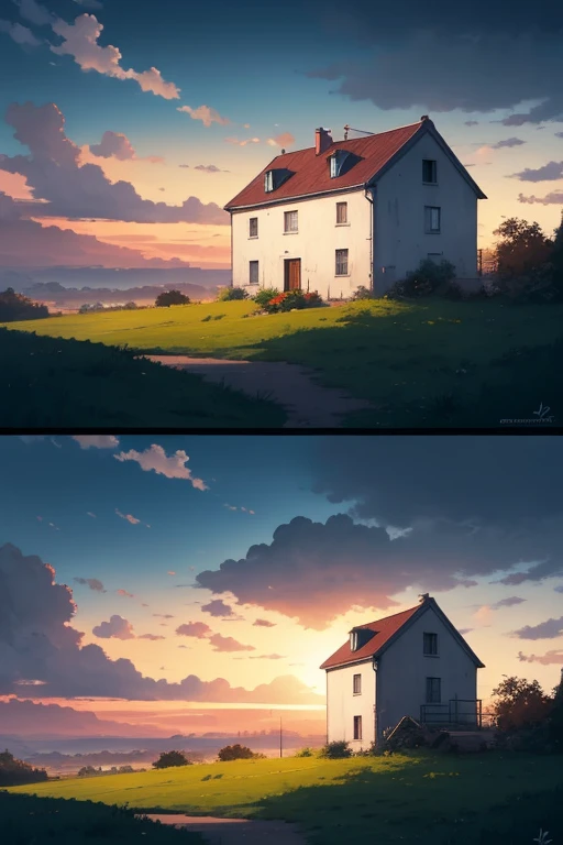 Anime style landscape image ,sunset time ,a house is there ,natural colors ((best quality)), ((masterpiece)), (detailed), image 9:16 ratio