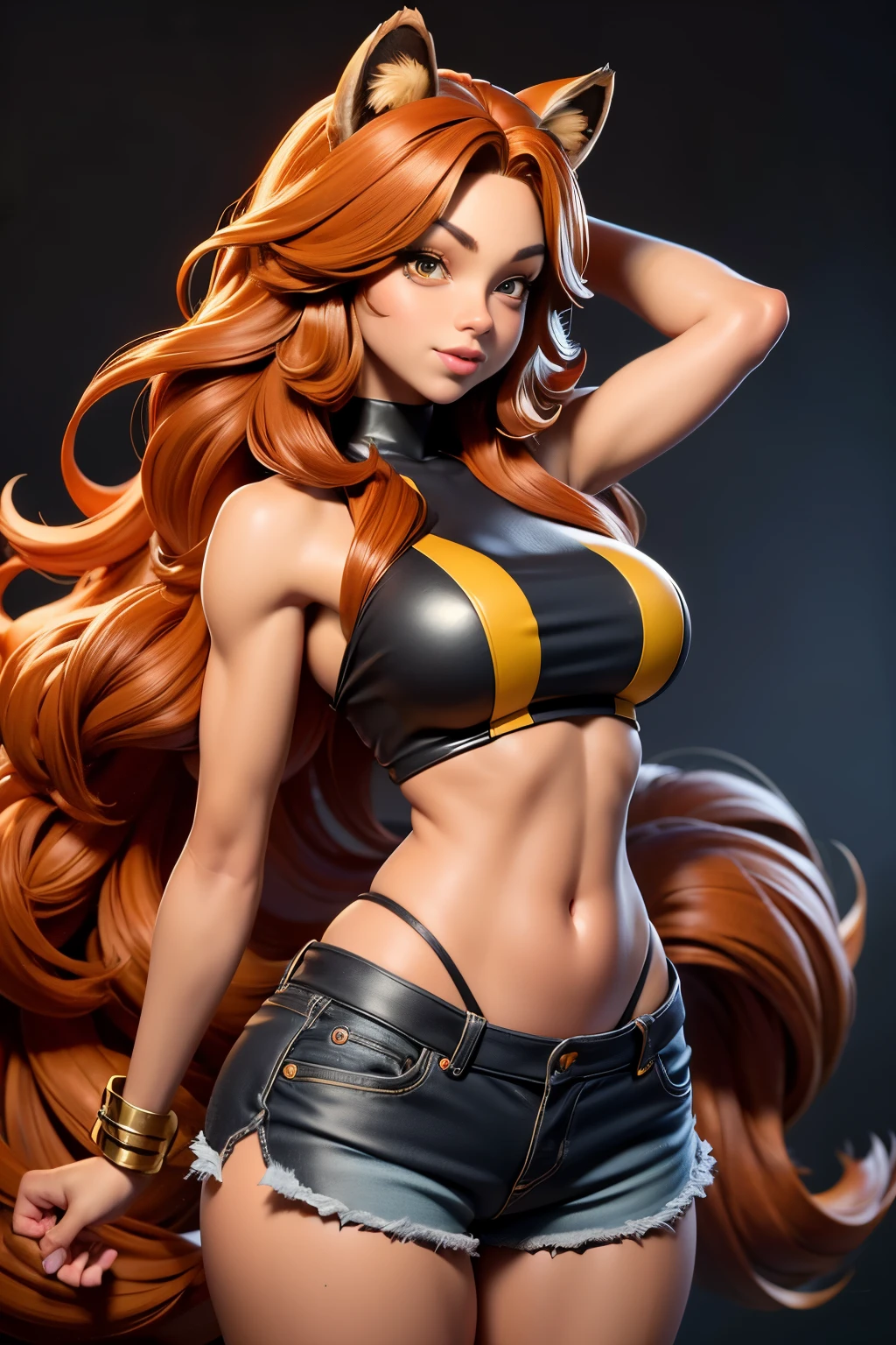 ((masterpiece,best quality)), Brown skin, yellow eyes, long red hair, halter top, shorts, raccoon ears, raccoon tail, big breasts, big hips, hair between eyes, hair flares out, 1girl, solo, brown-skinned female, red-haired female, front view