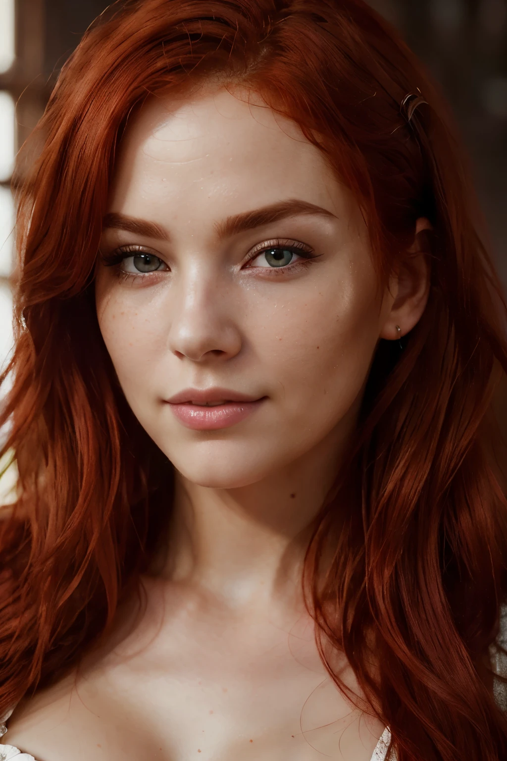 Highest Quality, masterpiece, (Split lighting photography), Highly detailed photo, of (attractive Irish woman with Luxuriant red hair), portrait, perfect face, alluring eyes, (wearing shirt and bloomers:1.2), (highly detailed skin), freckles, (tattoos:0.6), toned body, large breasts, sfw, (key light:0.4), split lighting portrait, medium depth of field, photographed on a Canon EOS R5, 100mm lens, F/4 aperture, (hyperdetailed, intricate details), sharp focus, 8k, absurdres, 8mm film grain
