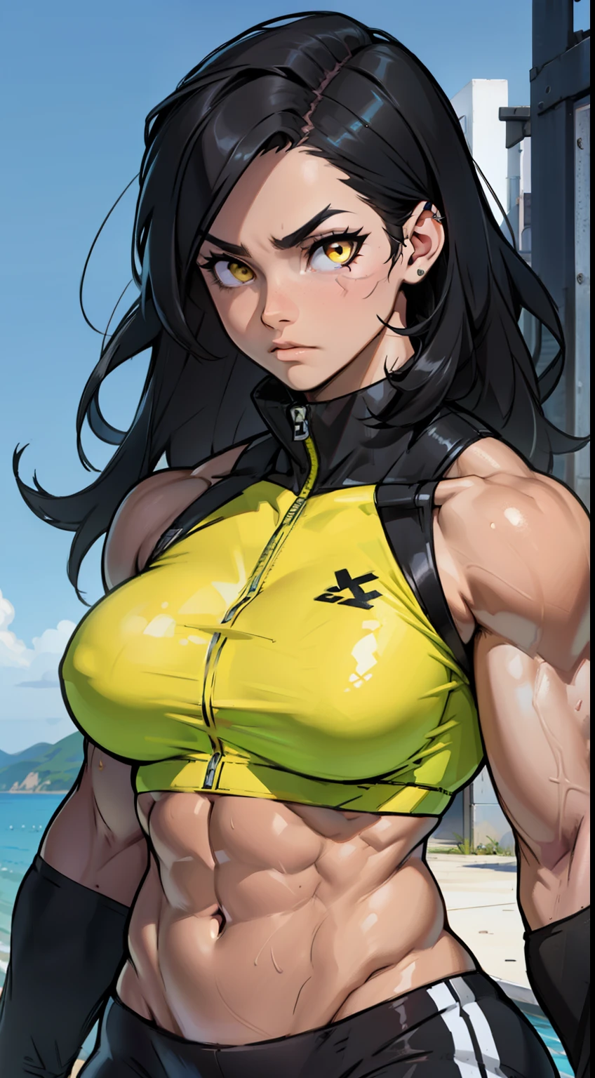 (((((girl))))) ((((muscular)))) ((breasts toned body thick)) sad black hair yellow eyes pale