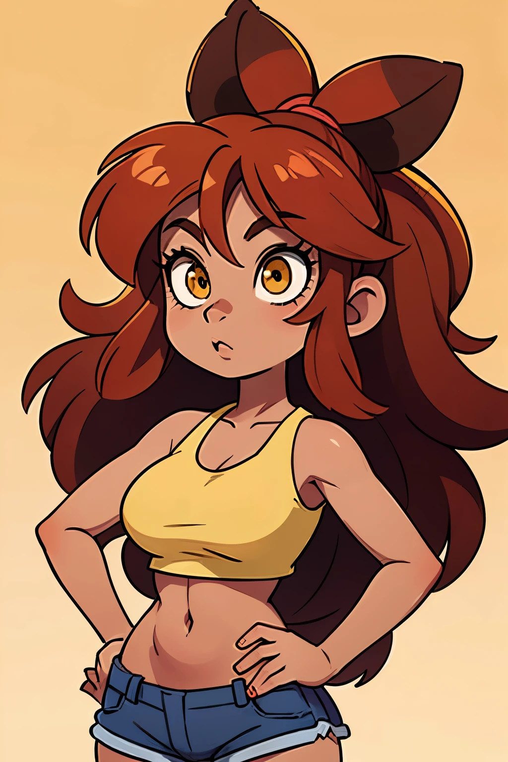 ((masterpiece,best quality)), Brown skin, yellow eyes, long red hair, halter top, shorts, raccoon ears, raccoon tail, big breasts, big hips, hair between eyes, hair flares out, 1girl, solo, brown-skinned female, red-haired female, front view