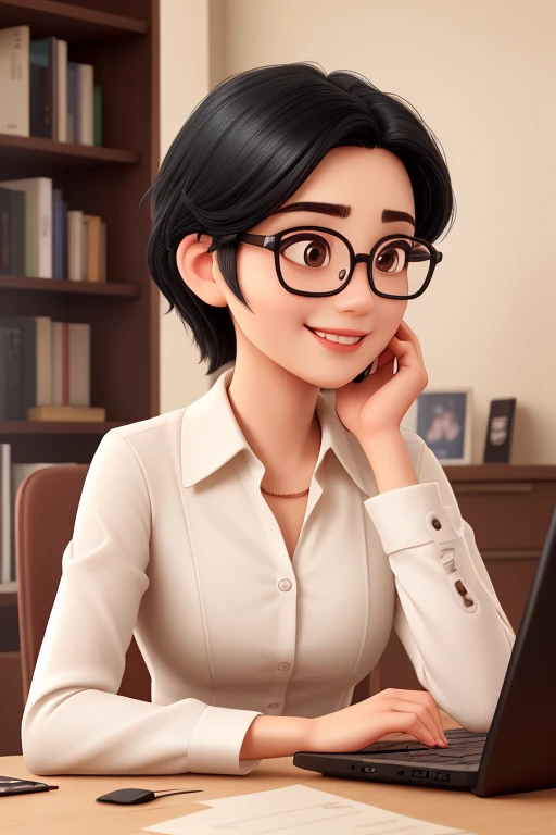 (highest quality,super detailed,realistic:1.37)oil、black hair、Shortcuts to the shoulder、round face、Wear glasses、30 years old、A gentle smile that envelops you、Unbleached beige dress、Highly curious、I love talking to people.。Laptop and white coffee cup on desk、Bookshelf in background。soft lighting。