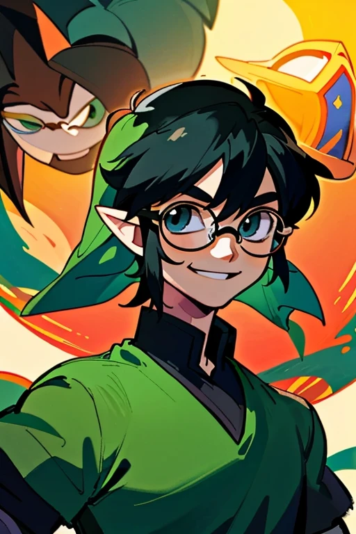 (best quality, masterpiece), 1boy, legend of zelda, link, smile at you, black hair, upper body, round glasses,