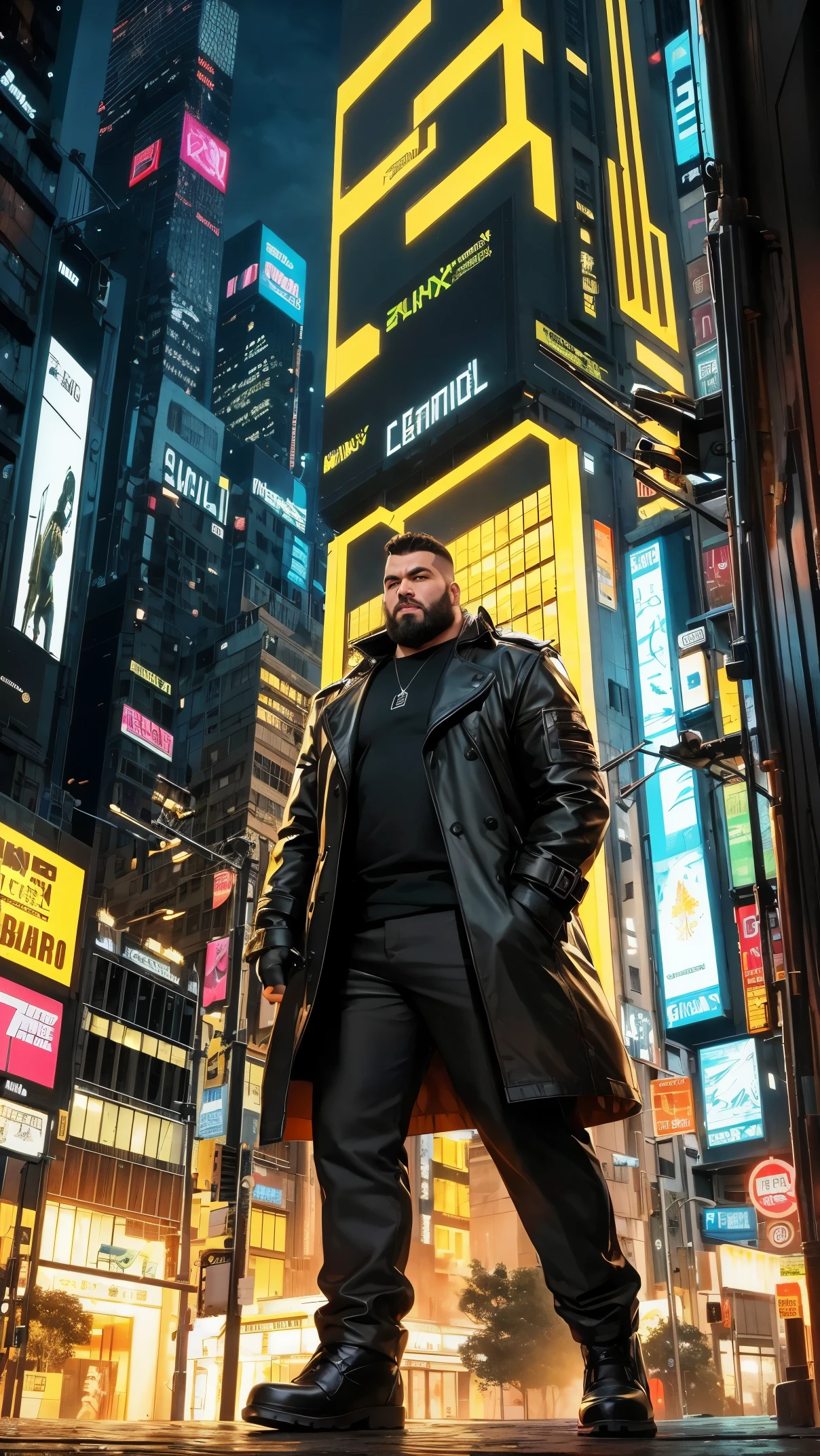 realistic representation of a strong chubby cyberpunk bearded chubby man walking towards the camera, com um passo forte e confiante, vestindo um trench coat futurista, Visible cybernetic enhancements to his arms and face, and a cityscape with imposing buildings lit by neon in the background, (dystopian:1.2), (ambiente arenoso e industrial), (dynamic lighting), (attention to realistic details) neon matrix theme in the background