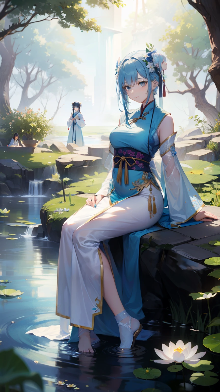 There is a blue dress, 16 long legs, Woman, sitting on a rock in the water, elegantly standing on a lotus flower, unearthly beauty, In blue cheongsam, court, Girl from Hanfu, In blue cheongsam, full of Xia Fairy, in a pond, white hanfu, stunning young ethereal figure, flowy dress, light blue, hair behind ear