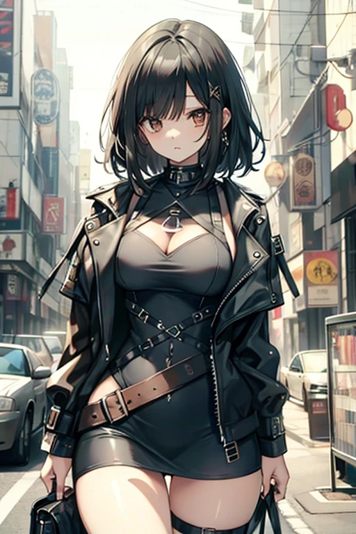A black  haired woman with brown eyes is wearing a bra and underwear and an hourglass figure underneath a leather jacket.
