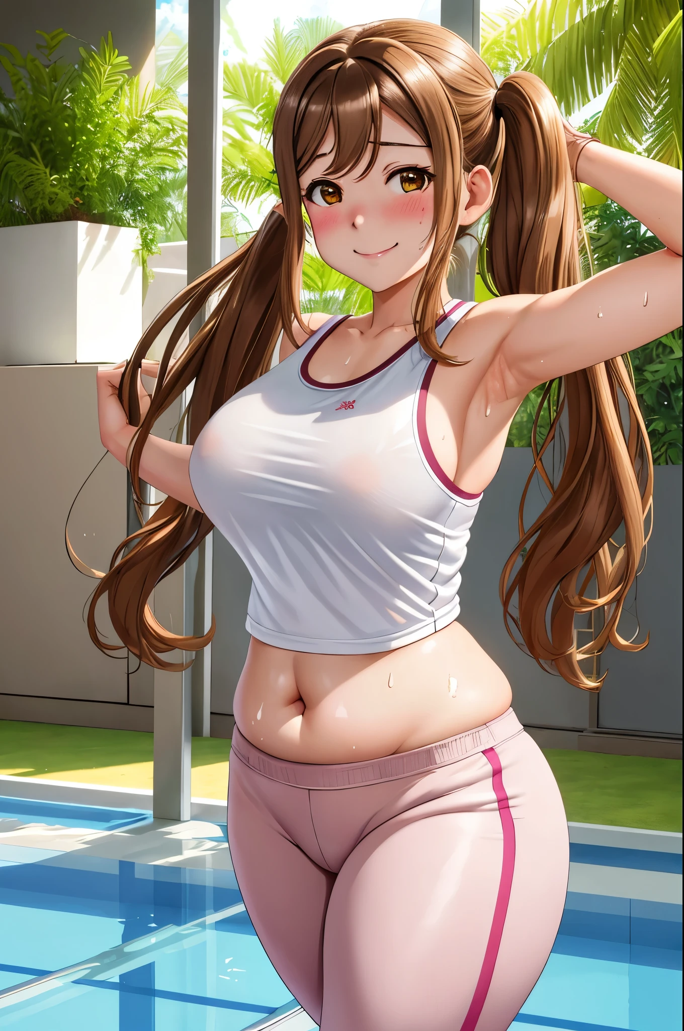 masterpiece, best quality,(kunikida hanamaru:0.999), (long hair:0.888), (breasts:0.878), (brown hair:0.875), (large breasts:1.0), standing Blush, smile, twintails,transparent white tank top, gym pants, sweating,Plants,sun, light ray, Closed mouth, after workout ,skin tight,plump